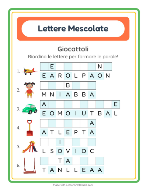 Anteprima della scheda di Anagrammi con Giocattoli per Scuola primaria classe prima