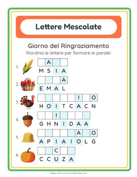 Anteprima della scheda di Anagrammi con Giorno del Ringraziamento per Scuola primaria classe prima