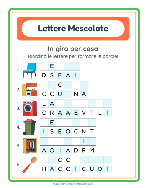 Anteprima della scheda di Anagrammi con In giro per casa per Scuola primaria classe prima