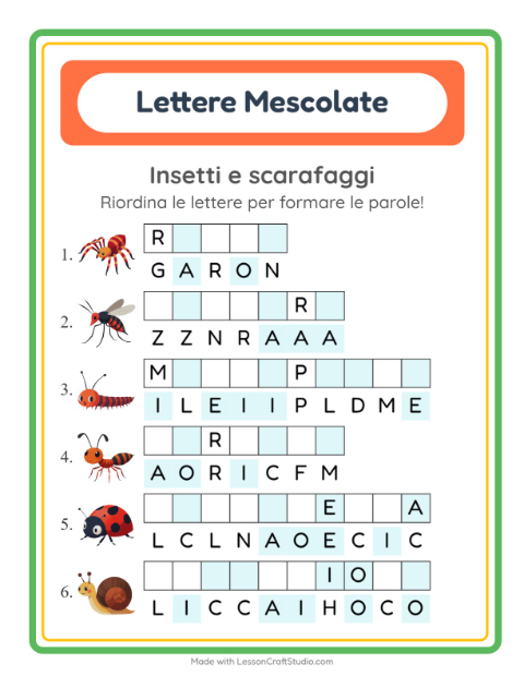 Anteprima della scheda di Anagrammi con Insetti e scarafaggi per Scuola primaria classe prima