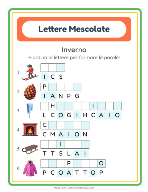 Anteprima della scheda di Anagrammi con Inverno per Scuola primaria classe prima