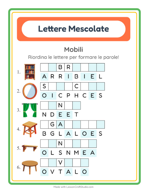 Anteprima della scheda di Anagrammi con Mobili per Scuola primaria classe prima