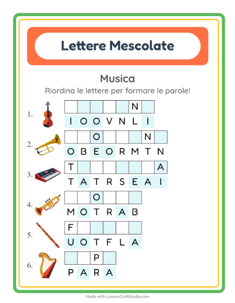Anteprima della scheda di Anagrammi con Musica per Scuola primaria classe prima