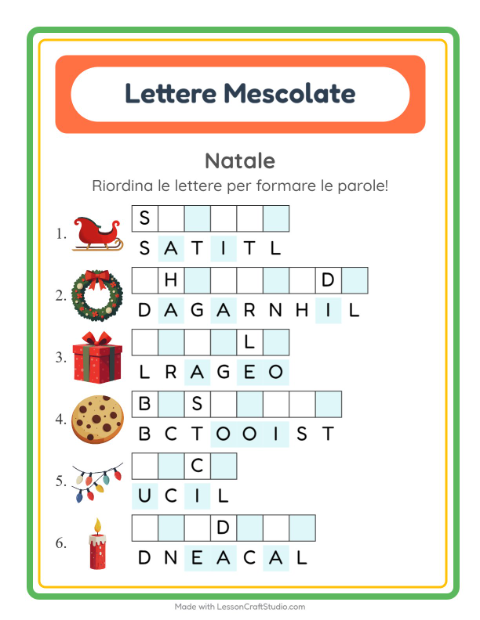 Anteprima della scheda di Anagrammi con Natale per Scuola primaria classe prima
