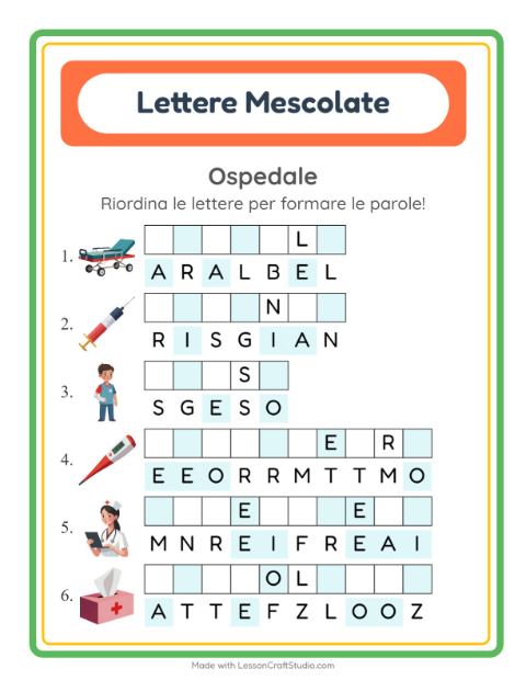Anteprima della scheda di Anagrammi con Ospedale per Scuola primaria classe prima