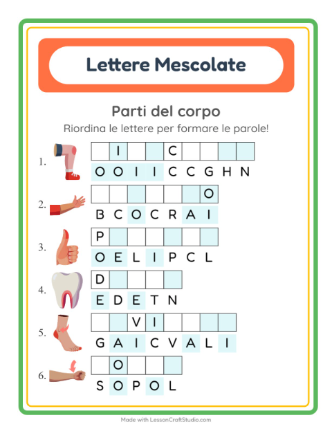Anteprima della scheda di Anagrammi con Parti del corpo per Scuola primaria classe prima