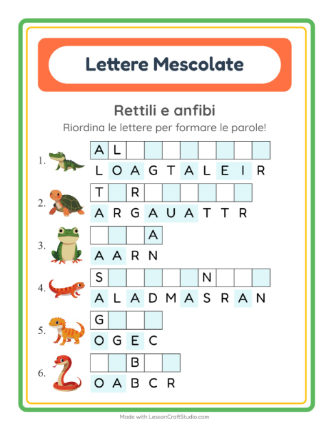 Anteprima della scheda di Anagrammi con Rettili e anfibi per Scuola primaria classe prima