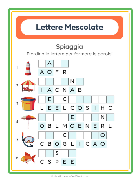 Anteprima della scheda di Anagrammi con Spiaggia per Scuola primaria classe prima
