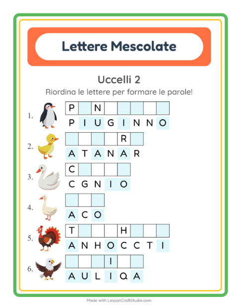 Anteprima della scheda di Anagrammi con Uccelli 2 per Scuola primaria classe prima
