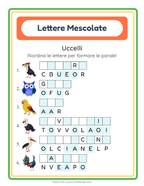 Anteprima della scheda di Anagrammi con Uccelli per Scuola primaria classe prima