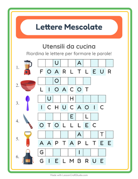 Anteprima della scheda di Anagrammi con Utensili da cucina per Scuola primaria classe prima
