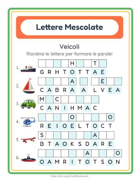 Anteprima della scheda di Anagrammi con Veicoli per Scuola primaria classe prima