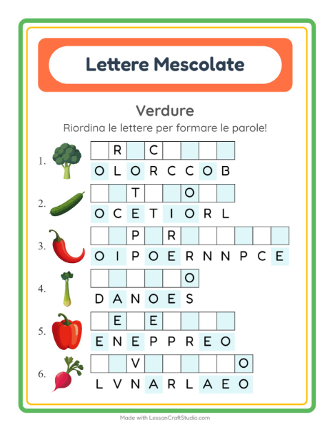 Anteprima della scheda di Anagrammi con Verdure per Scuola primaria classe prima