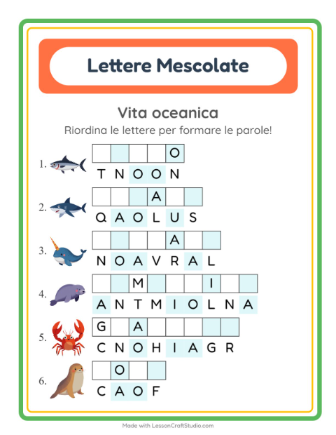 Anteprima della scheda di Anagrammi con Vita oceanica per Scuola primaria classe prima