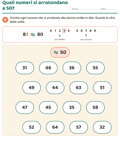 Quali numeri si arrotondano a 50? Cerchiali tutti