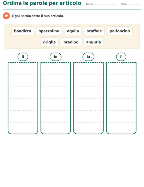 Anteprima della scheda di Articoli determinativi con 4 luglio per Scuola primaria classe prima