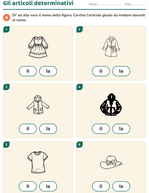 Anteprima della scheda di Articoli determinativi con Abbigliamento BN per Scuola dell'infanzia (5-7 anni)