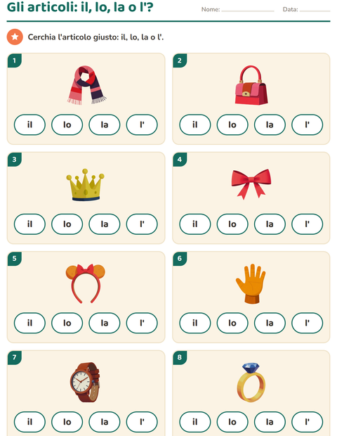 Anteprima della scheda di Articoli determinativi con Accessori per Scuola dell'infanzia (5-7 anni)