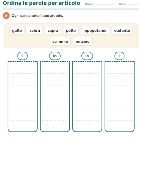 Anteprima della scheda di Articoli determinativi con Animali BN 4 per Scuola primaria classe prima