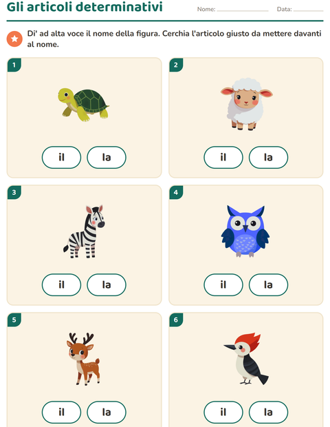 Anteprima della scheda di Articoli determinativi con Animali per Scuola dell'infanzia (5-7 anni)