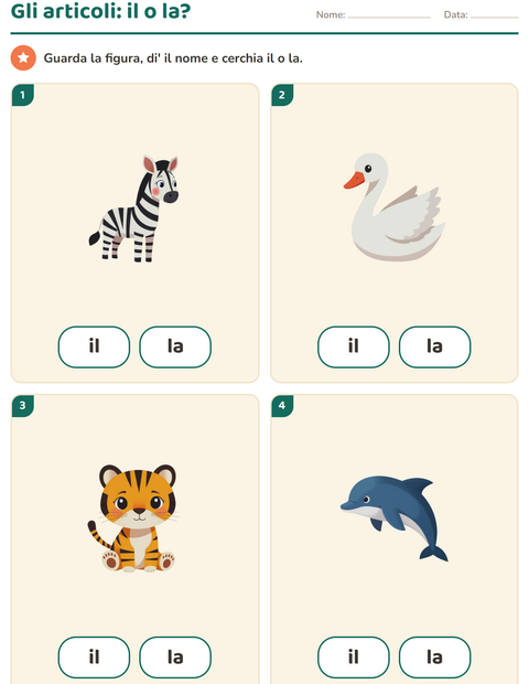 Il o la: quattro carte grandi con i nomi degli animali