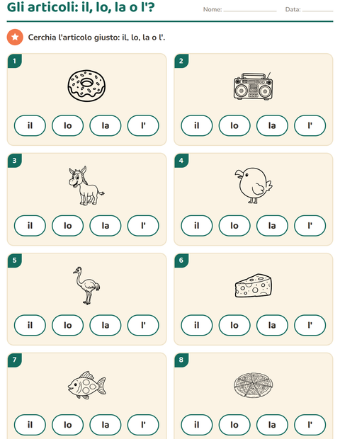 Anteprima della scheda di Articoli determinativi con Cibo BN per Scuola dell'infanzia (5-7 anni)