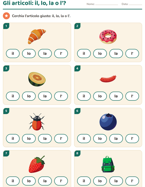 Anteprima della scheda di Articoli determinativi con Colazione per Scuola dell'infanzia (5-7 anni)