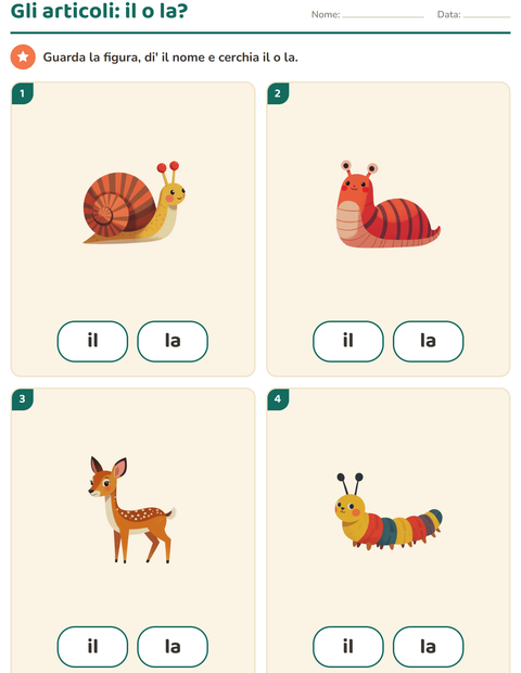 Anteprima della scheda di Articoli determinativi con Creature della foresta per Scuola dell'infanzia (5-7 anni)