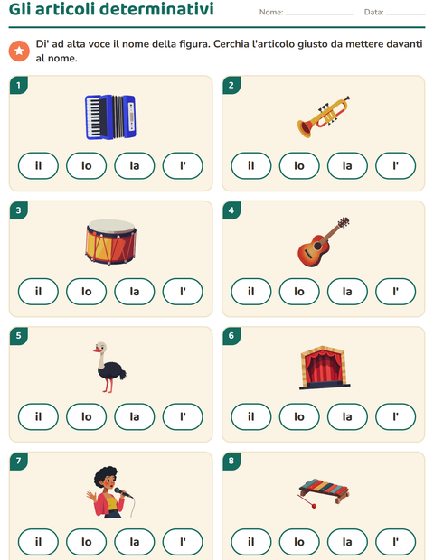 Anteprima della scheda di Articoli determinativi con Musica per Scuola dell'infanzia (5-7 anni)