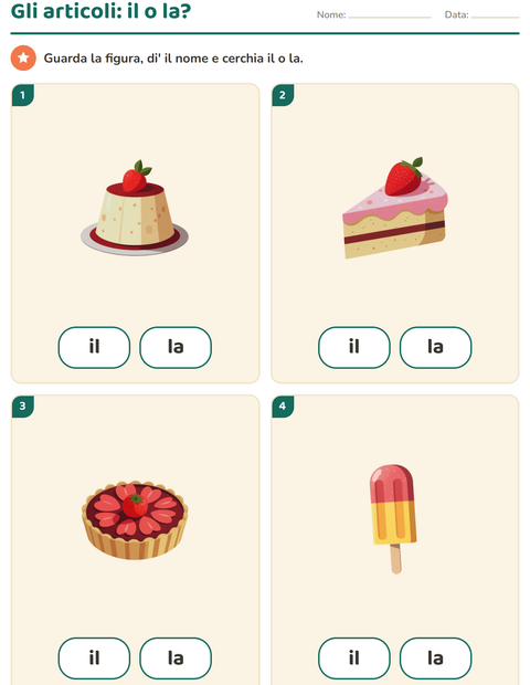 Anteprima della scheda di Articoli determinativi con Dolci e dolciumi per Scuola dell'infanzia (5-7 anni)