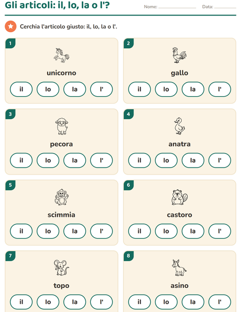 Anteprima della scheda di Articoli determinativi con Animali BN 4 per Scuola dell'infanzia (5-7 anni)