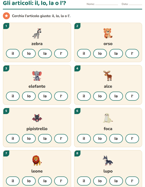 Anteprima della scheda di Articoli determinativi con Animali dello zoo per Scuola dell'infanzia (5-7 anni)
