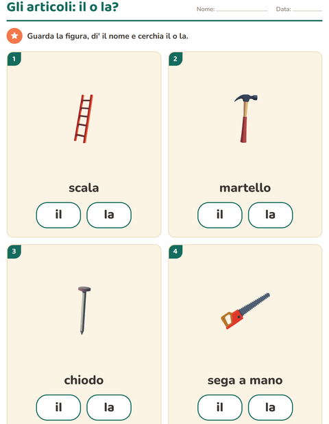 Anteprima della scheda di Articoli determinativi con Attrezzi per Scuola dell'infanzia (5-7 anni)