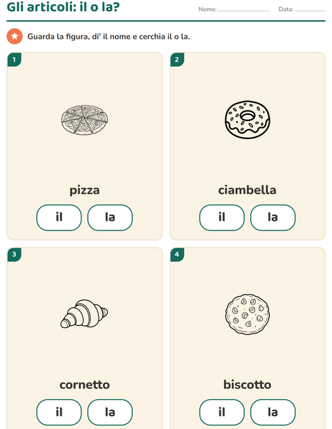 Anteprima della scheda di Articoli determinativi con Cibo BN per Scuola dell'infanzia (5-7 anni)