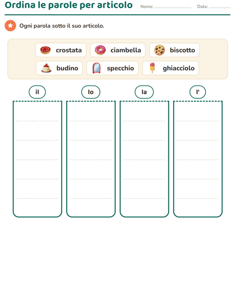 Anteprima della scheda di Articoli determinativi con Dolci e dolciumi per Scuola primaria classe prima