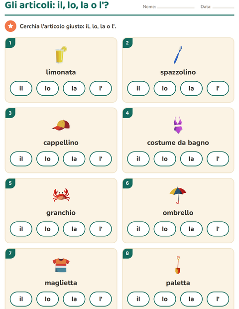 Anteprima della scheda di Articoli determinativi con Estate per Scuola dell'infanzia (5-7 anni)