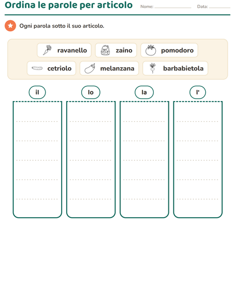 Anteprima della scheda di Articoli determinativi con Verdure BN per Scuola primaria classe prima