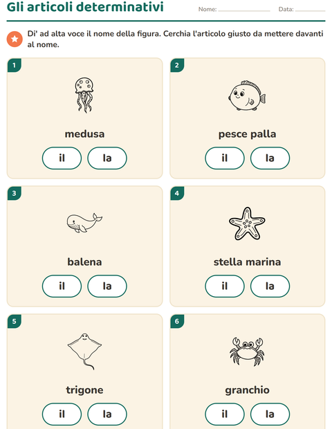 Anteprima della scheda di Articoli determinativi con Vita marina BN per Scuola dell'infanzia (5-7 anni)