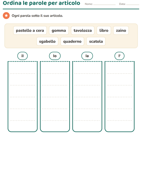 Anteprima della scheda di Articoli determinativi con Istruzione BN per Scuola primaria classe prima