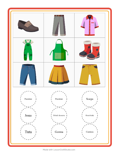 Anteprima della scheda di Bingo con Abbigliamento per Scuola dell'infanzia (5-7 anni)