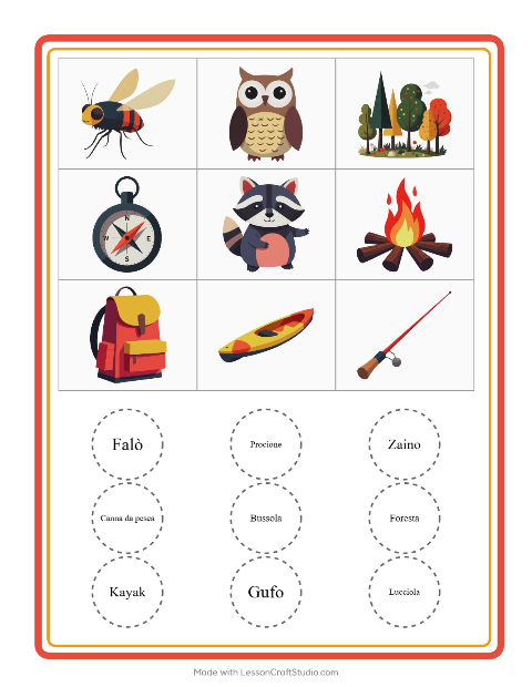 Anteprima della scheda di Bingo con Campeggio per Scuola dell'infanzia (5-7 anni)