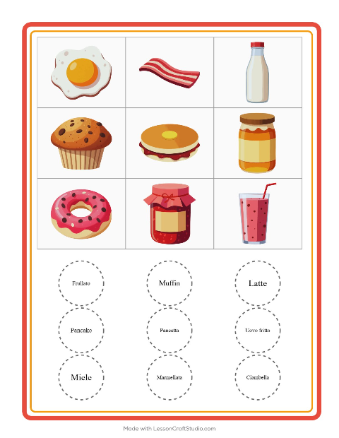 Anteprima della scheda di Bingo con Colazione per Scuola dell'infanzia (5-7 anni)