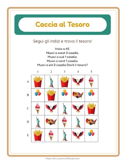 Anteprima della scheda di Caccia Al Tesoro con 4 luglio per Scuola primaria classe prima