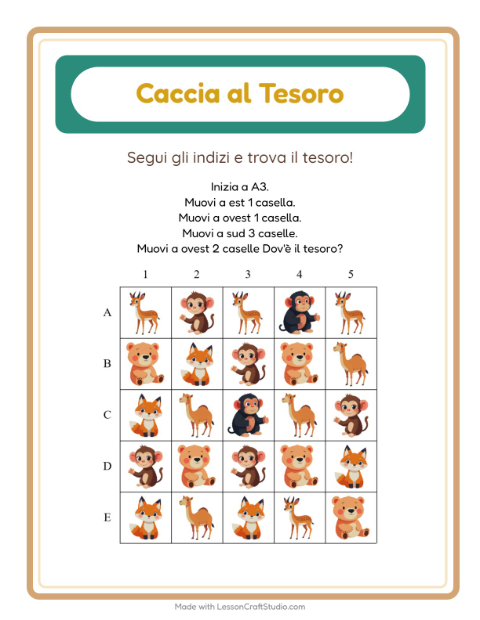 Anteprima della scheda di Caccia Al Tesoro con Animali dello zoo per Scuola primaria classe prima