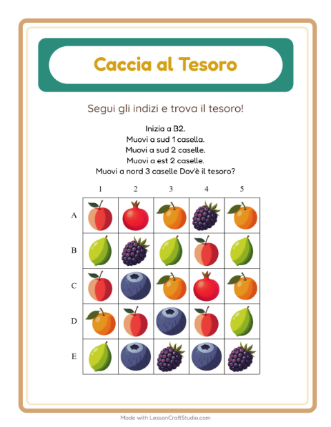 Anteprima della scheda di Caccia Al Tesoro con Frutta per Scuola primaria classe prima