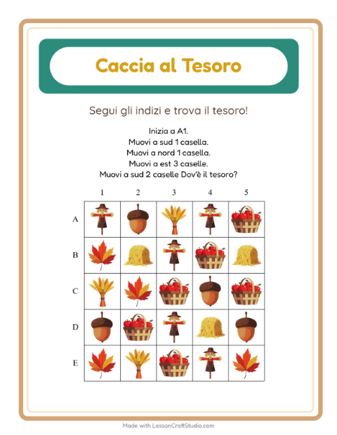 Anteprima della scheda di Caccia Al Tesoro con Giorno del Ringraziamento per Scuola primaria classe prima