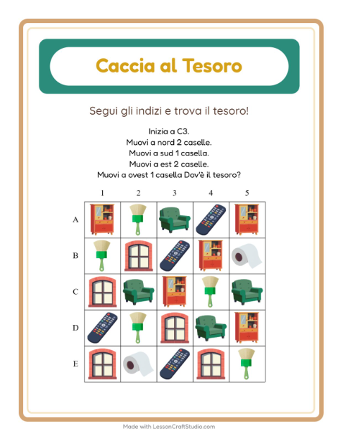 Anteprima della scheda di Caccia Al Tesoro con In giro per casa per Scuola primaria classe prima