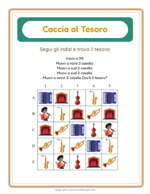 Anteprima della scheda di Caccia Al Tesoro con Musica per Scuola primaria classe prima