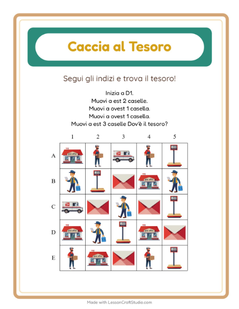 Anteprima della scheda di Caccia Al Tesoro con Ufficio postale per Scuola primaria classe prima