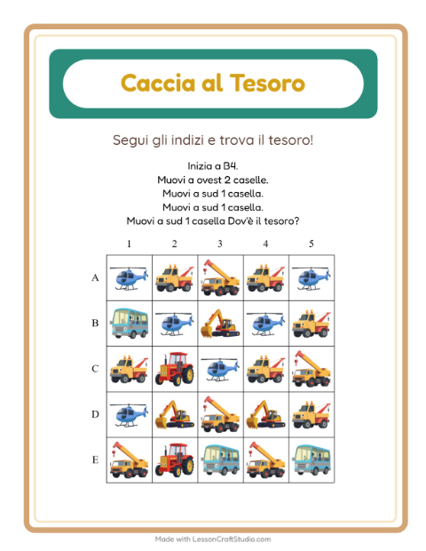 Anteprima della scheda di Caccia Al Tesoro con Veicoli per Scuola primaria classe prima
